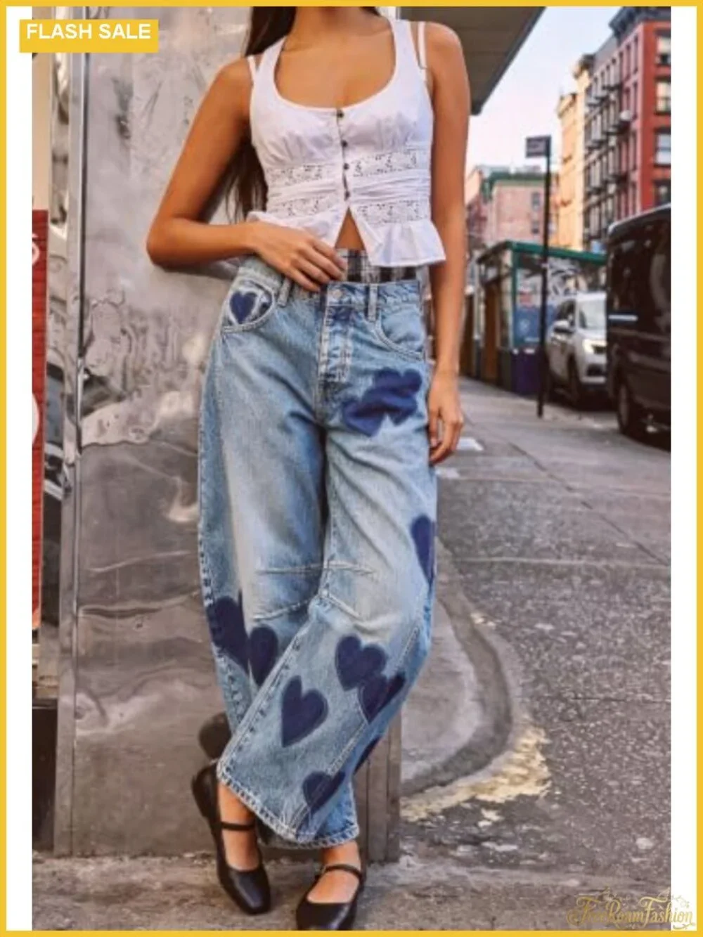 Women Baggy Mid Rise Barrel Jeans Wide Leg Floral Y2k Denim Pants Boyfriend